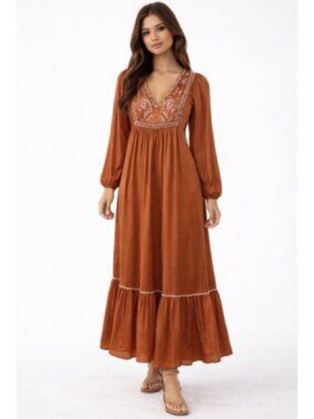 Ex voto Hazel Chili Rust Embroidered V-Neck Maxi Dress